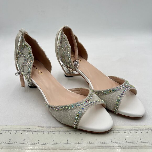 XYD White Bridal Evening Heels Peep Toe Rhinestone Studs Block Low Heeled Sandal - Picture 4 of 8